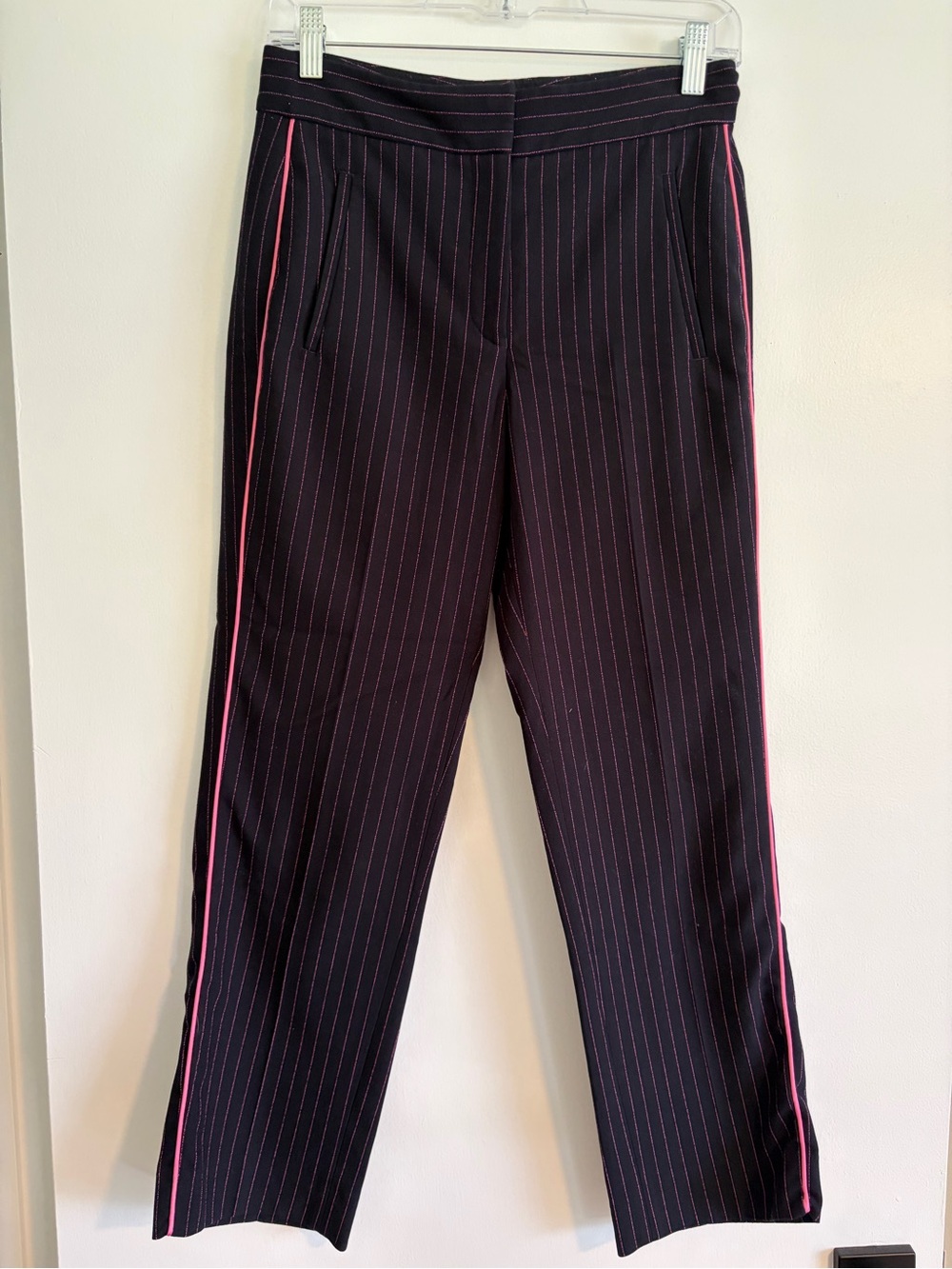 Navy and Hot Pink Pinstripe Trousers with Pink Side Stripe